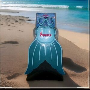 Mermaid Tail & Goggle Mask Swim Set Blue Kids Adjustable New